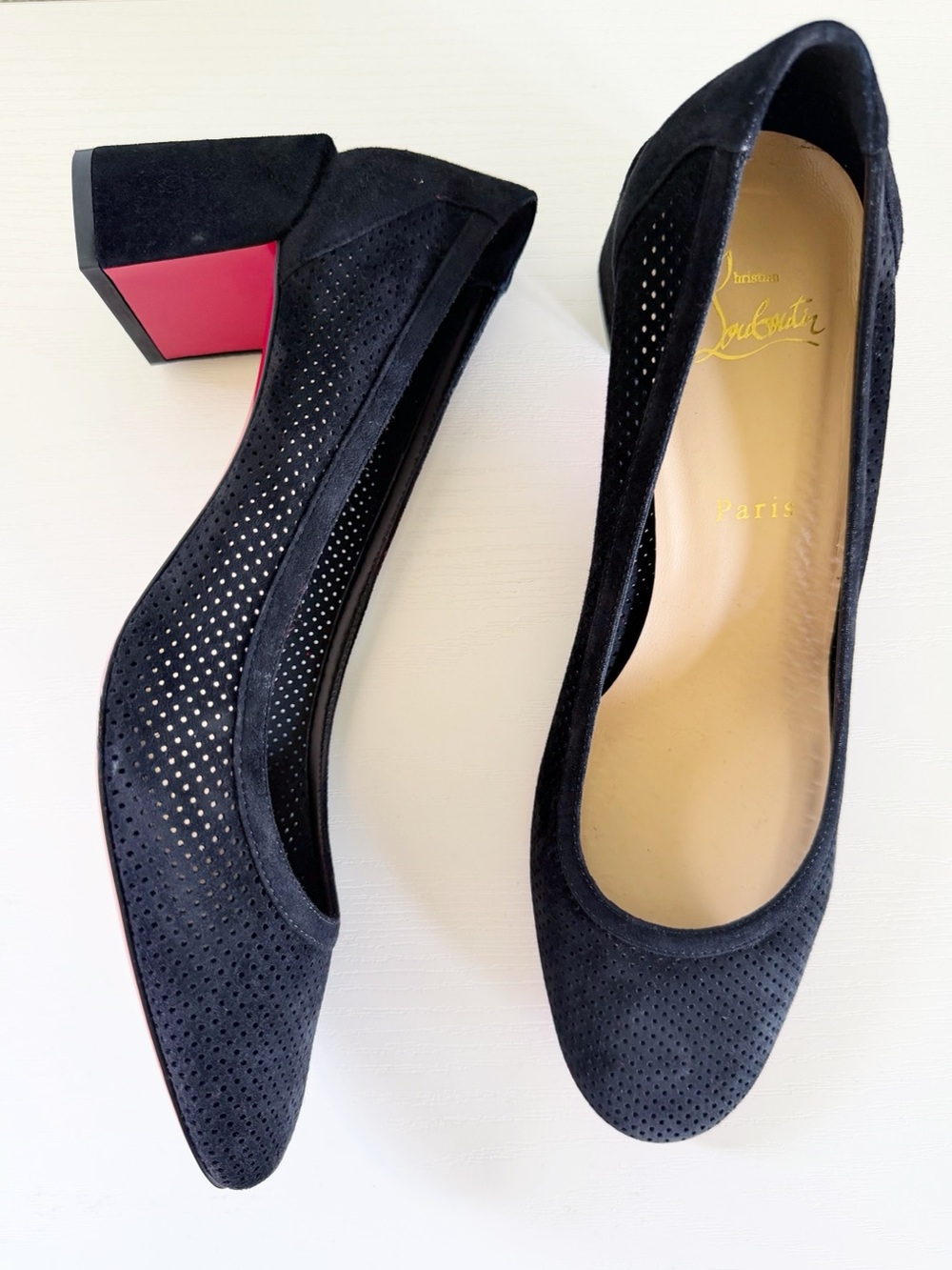 Christian Louboutin Incastrana Black Suede Perforated Block Heel Pumps EU 40 - Picture 2 of 10